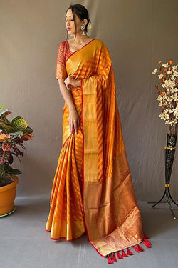 Zephyr Mustard Soft Banarasi Silk Saree With Ephemeral Blouse Piece