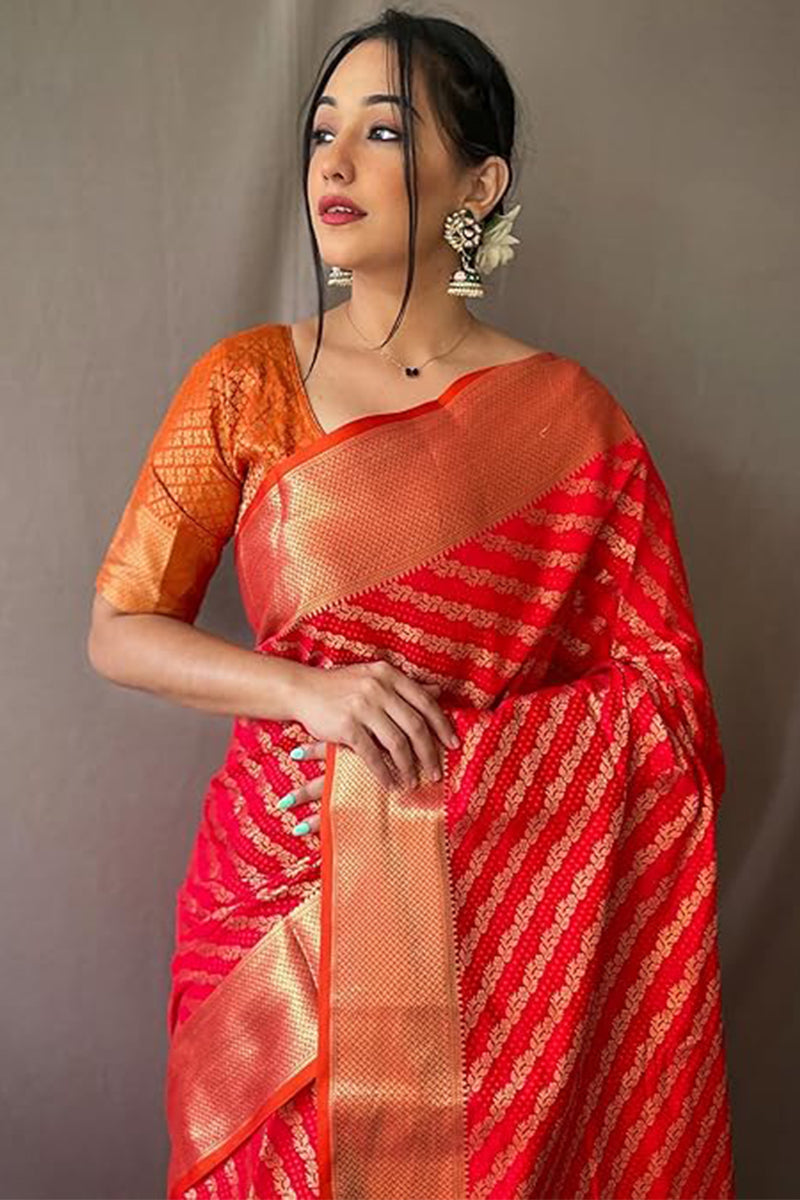 Breathtaking Red Soft Banarasi Silk Saree With Enamoring Blouse Piece