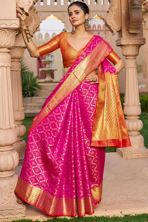 Load image into Gallery viewer, Radiant Dark Pink Patola Silk Saree with Glowing Blouse Piece
