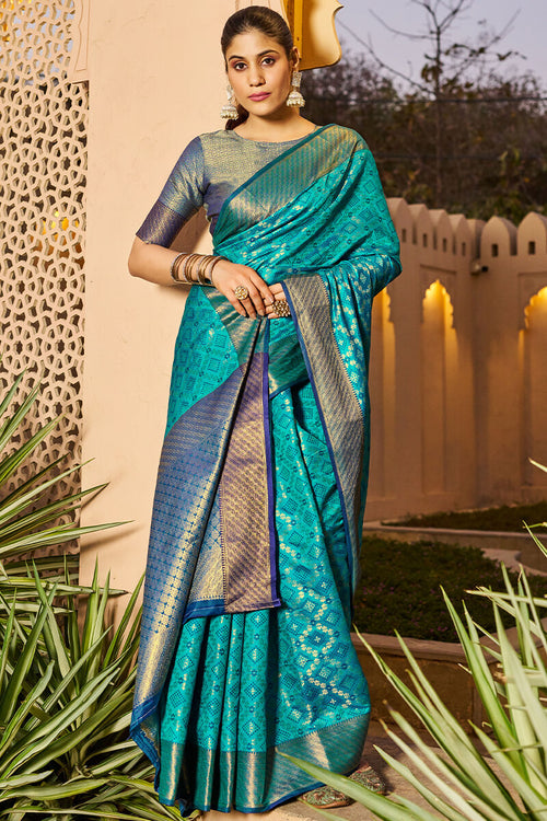 Load image into Gallery viewer, Mesmerising Firozi Patola Silk Saree with Precious Blouse Piece
