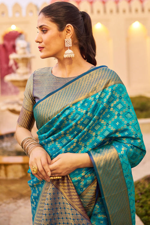 Load image into Gallery viewer, Mesmerising Firozi Patola Silk Saree with Precious Blouse Piece
