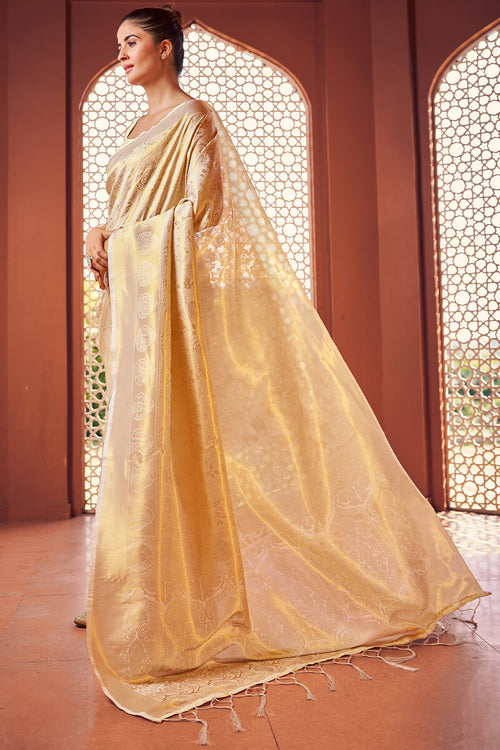 Load image into Gallery viewer, Extraordinary Beige Kanjivaram Silk Saree With Girlish Blouse Piece
