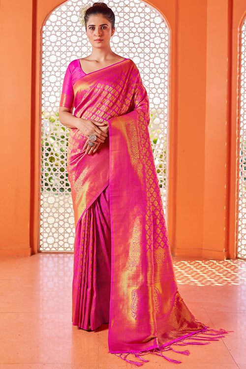 Load image into Gallery viewer, Blissful Dark Pink Kanjivaram Silk Saree With Fancifull Blouse Piece
