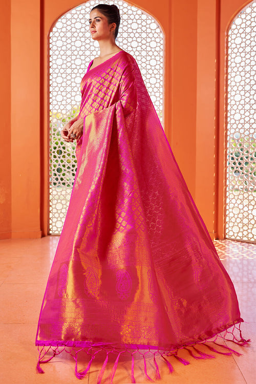 Load image into Gallery viewer, Blissful Dark Pink Kanjivaram Silk Saree With Fancifull Blouse Piece
