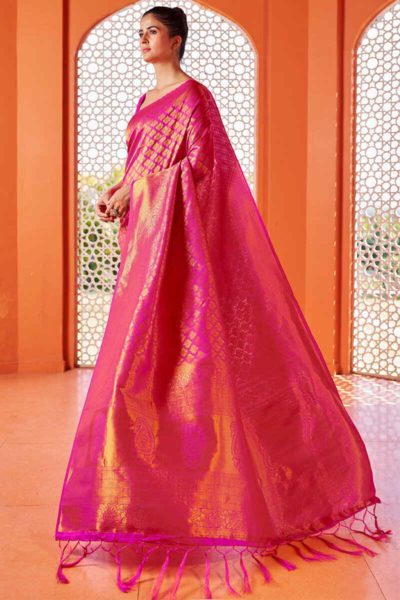 Blissful Dark Pink Kanjivaram Silk Saree With Fancifull Blouse Piece