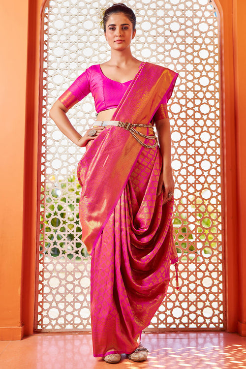 Load image into Gallery viewer, Blissful Dark Pink Kanjivaram Silk Saree With Fancifull Blouse Piece
