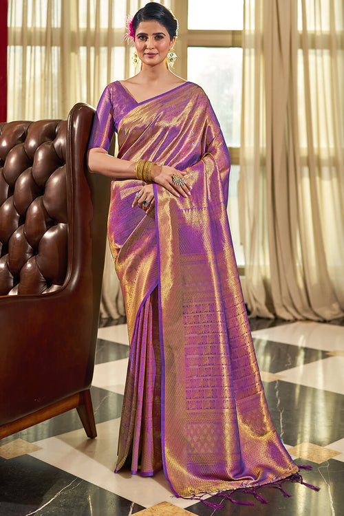 Load image into Gallery viewer, Enticing Purple Kanjivaram Silk Saree With Beleaguer Blouse Piece
