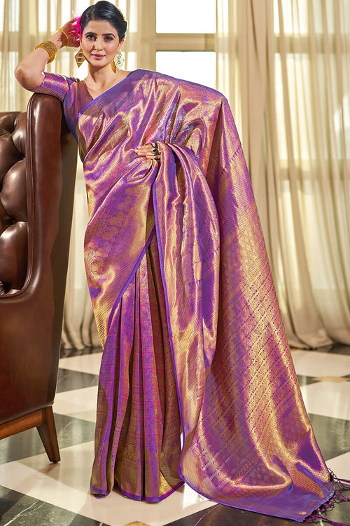 Load image into Gallery viewer, Enticing Purple Kanjivaram Silk Saree With Beleaguer Blouse Piece
