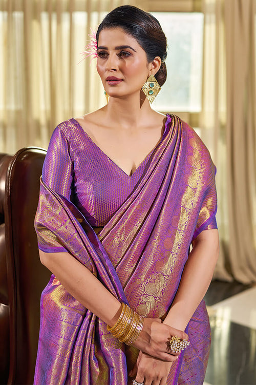 Load image into Gallery viewer, Enticing Purple Kanjivaram Silk Saree With Beleaguer Blouse Piece
