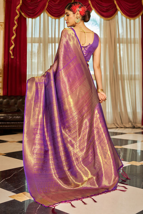 Load image into Gallery viewer, Enticing Purple Kanjivaram Silk Saree With Beleaguer Blouse Piece
