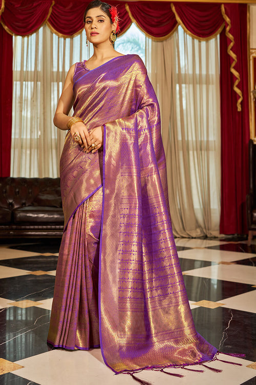 Load image into Gallery viewer, Enticing Purple Kanjivaram Silk Saree With Beleaguer Blouse Piece
