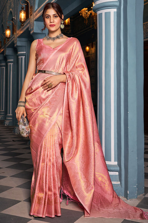 Load image into Gallery viewer, Extraordinary Baby Pink Kanjivaram Silk Saree With Flattering Blouse Piece
