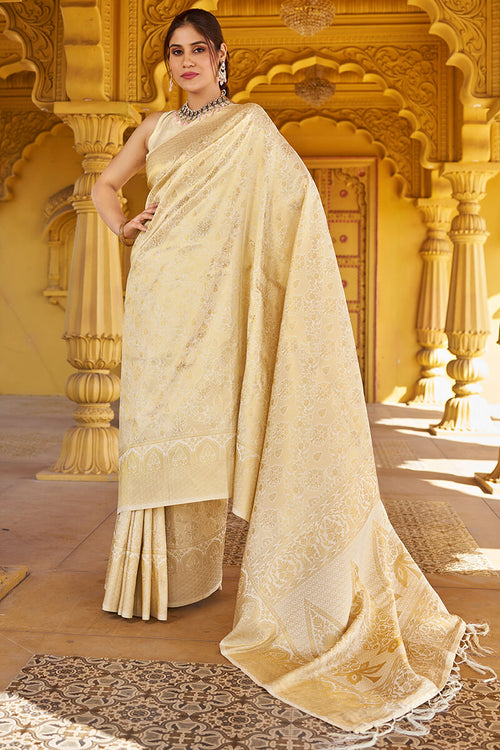 Load image into Gallery viewer, Skinny Beige Kanjivaram Silk Saree With Beautiful  Blouse Piece
