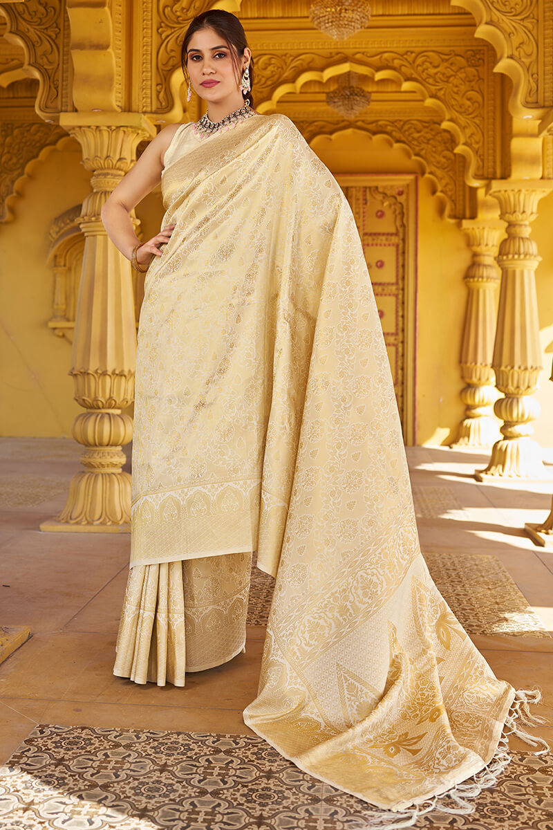 Skinny Beige Kanjivaram Silk Saree With Beautiful  Blouse Piece