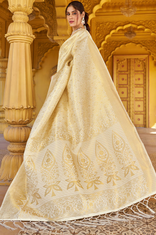 Load image into Gallery viewer, Skinny Beige Kanjivaram Silk Saree With Beautiful  Blouse Piece
