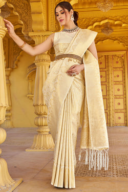Skinny Beige Kanjivaram Silk Saree With Beautiful  Blouse Piece