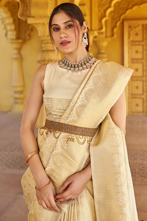 Load image into Gallery viewer, Skinny Beige Kanjivaram Silk Saree With Beautiful  Blouse Piece
