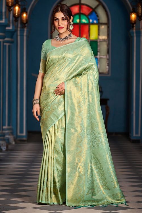 Load image into Gallery viewer, Inspiring Pista Kanjivaram Silk Saree With Traditional Blouse Piece
