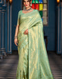 Inspiring Pista Kanjivaram Silk Saree With Traditional Blouse Piece