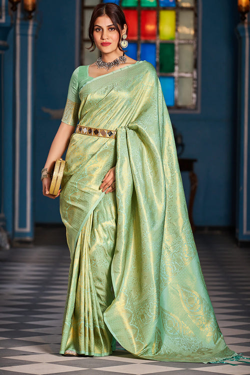 Load image into Gallery viewer, Inspiring Pista Kanjivaram Silk Saree With Traditional Blouse Piece
