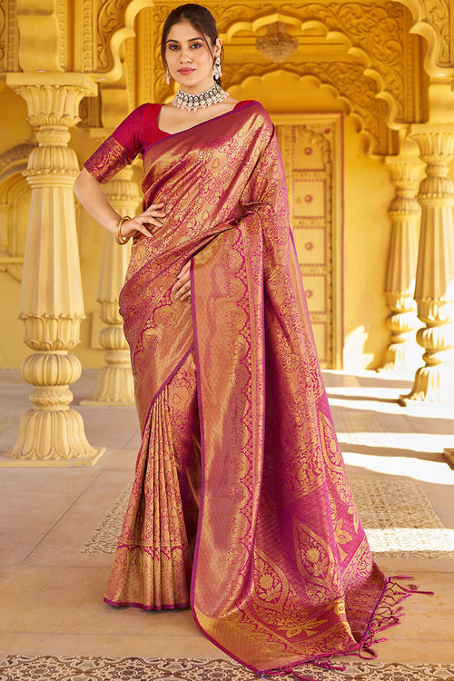 Load image into Gallery viewer, Beleaguer Purple Kanjivaram Silk Saree With Embrocation Blouse Piece
