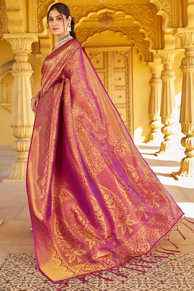 Beleaguer Purple Kanjivaram Silk Saree With Embrocation Blouse Piece