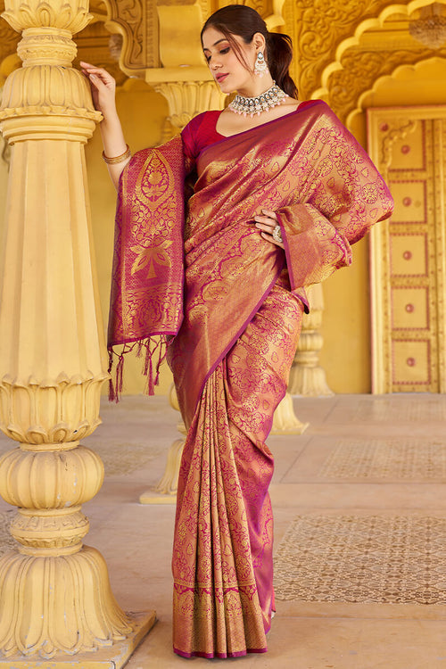 Load image into Gallery viewer, Beleaguer Purple Kanjivaram Silk Saree With Embrocation Blouse Piece
