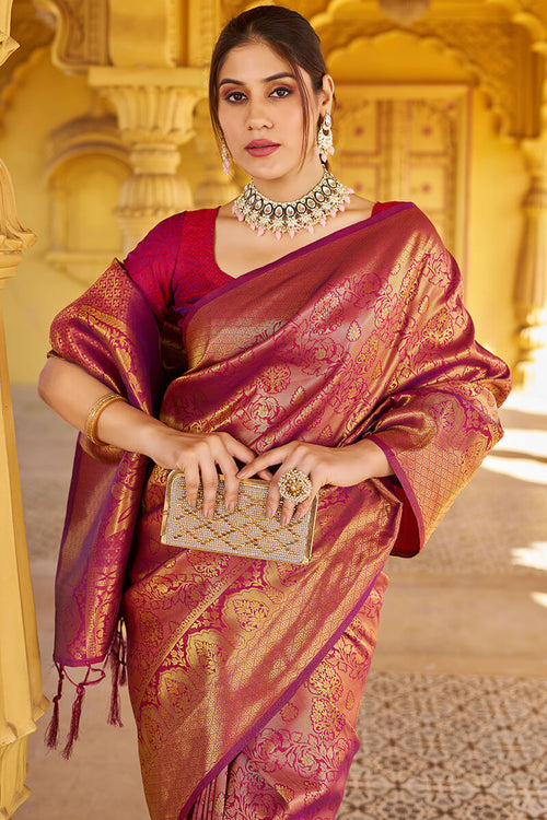 Load image into Gallery viewer, Beleaguer Purple Kanjivaram Silk Saree With Embrocation Blouse Piece
