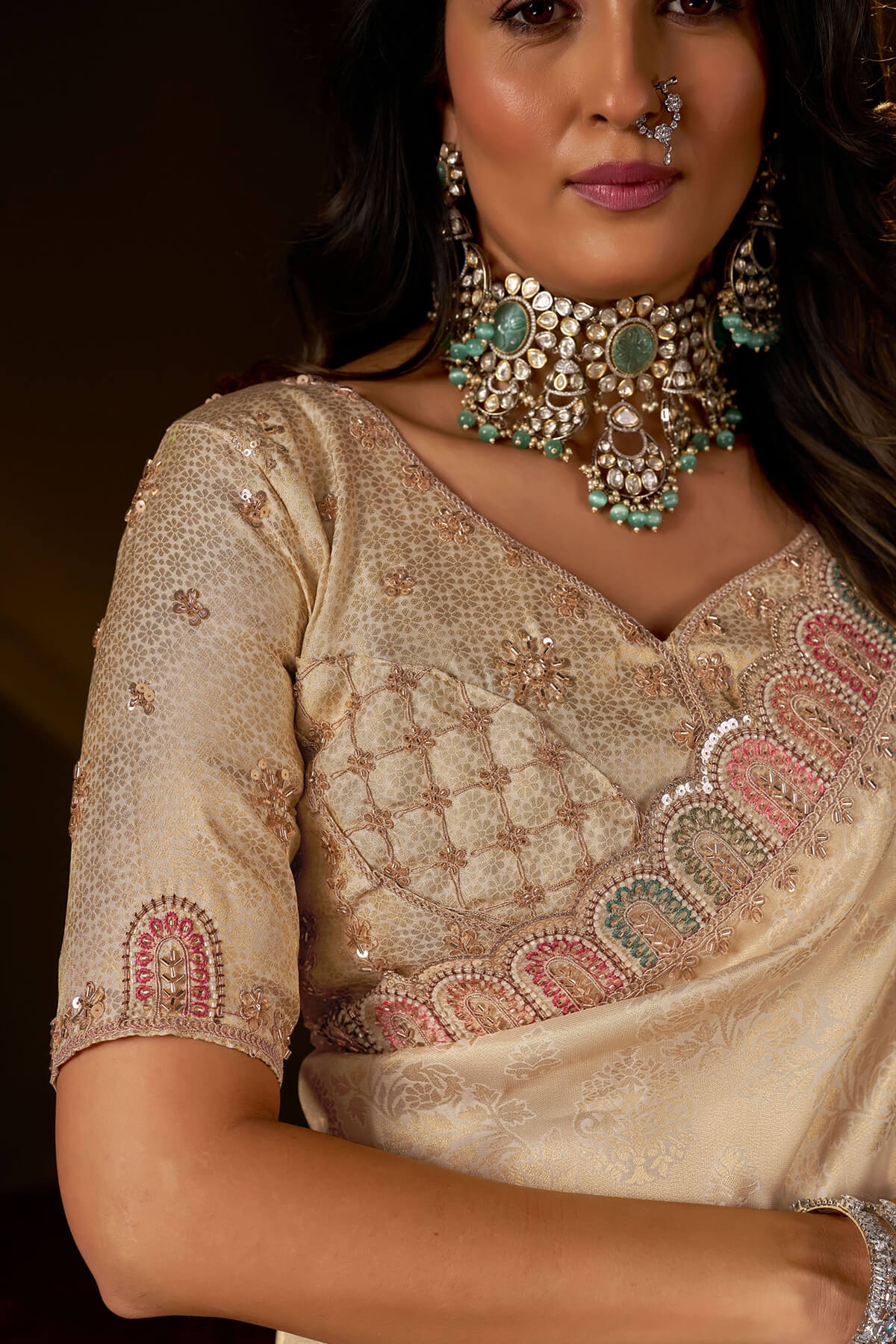 Prodigal Beige Handwork Kanjivaram Silk Saree With Winsome Blouse Piece