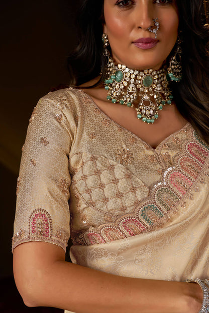 Prodigal Beige Handwork Kanjivaram Silk Saree With Winsome Blouse Piece