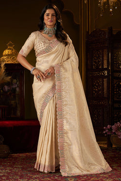 Prodigal Beige Handwork Kanjivaram Silk Saree With Winsome Blouse Piece