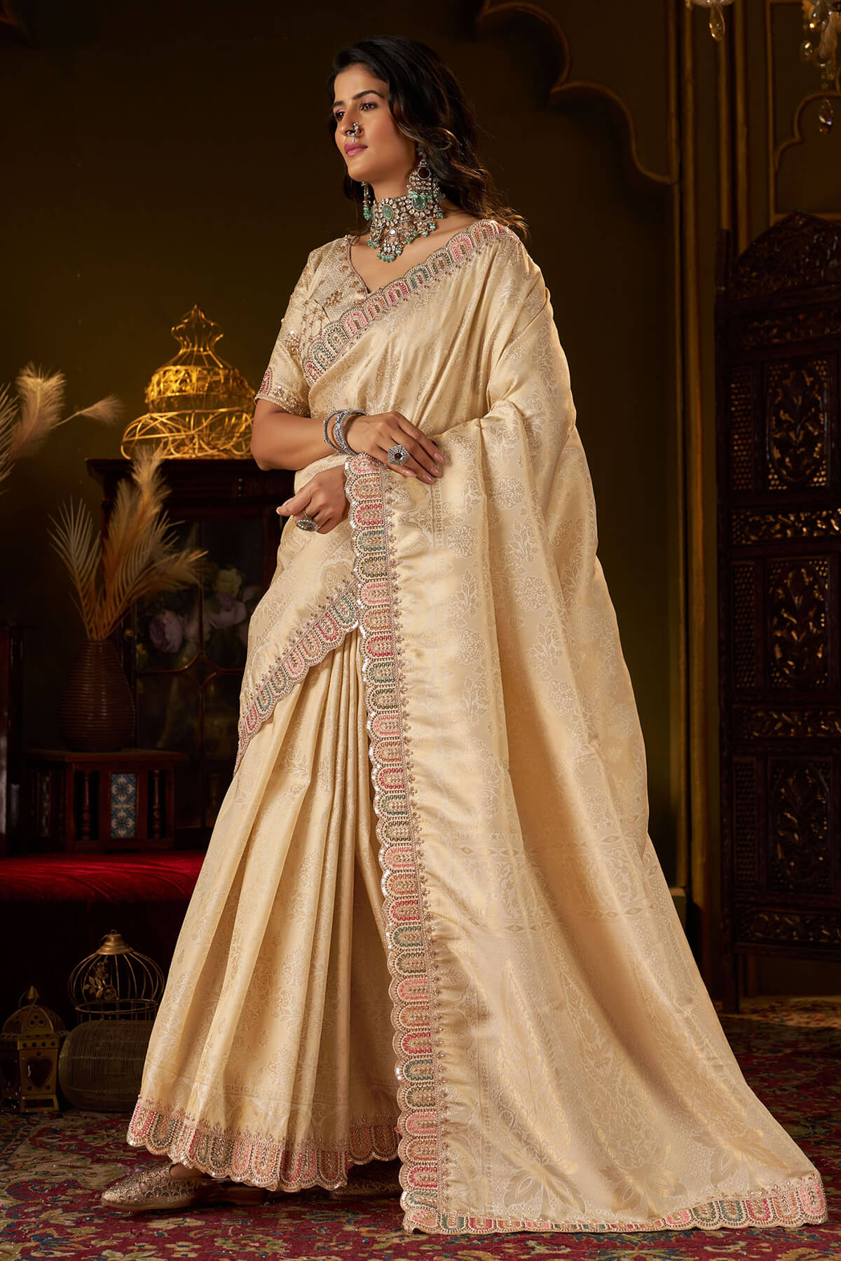 Prodigal Beige Handwork Kanjivaram Silk Saree With Winsome Blouse Piece