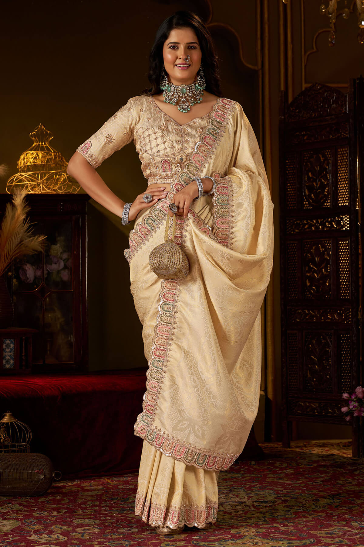 Prodigal Beige Handwork Kanjivaram Silk Saree With Winsome Blouse Piece