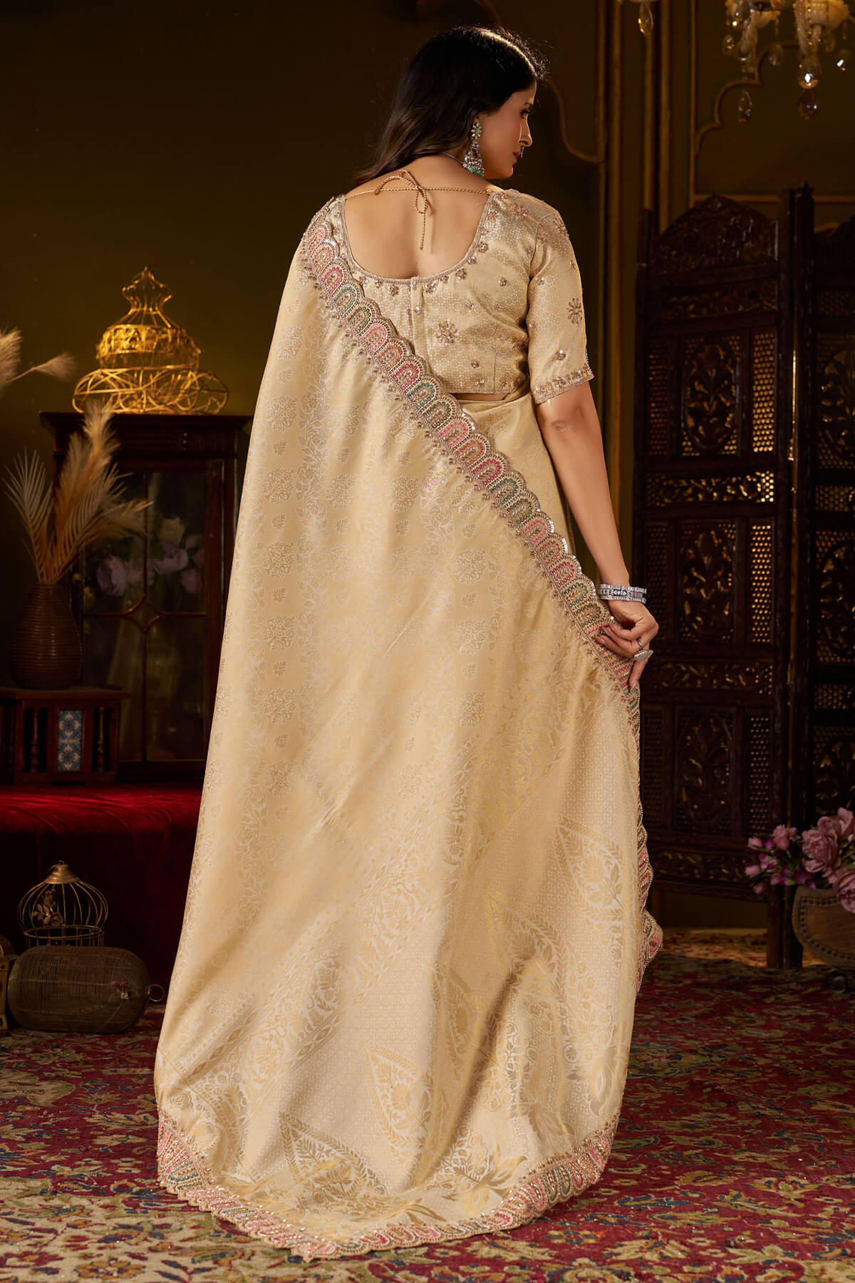 Prodigal Beige Handwork Kanjivaram Silk Saree With Winsome Blouse Piece