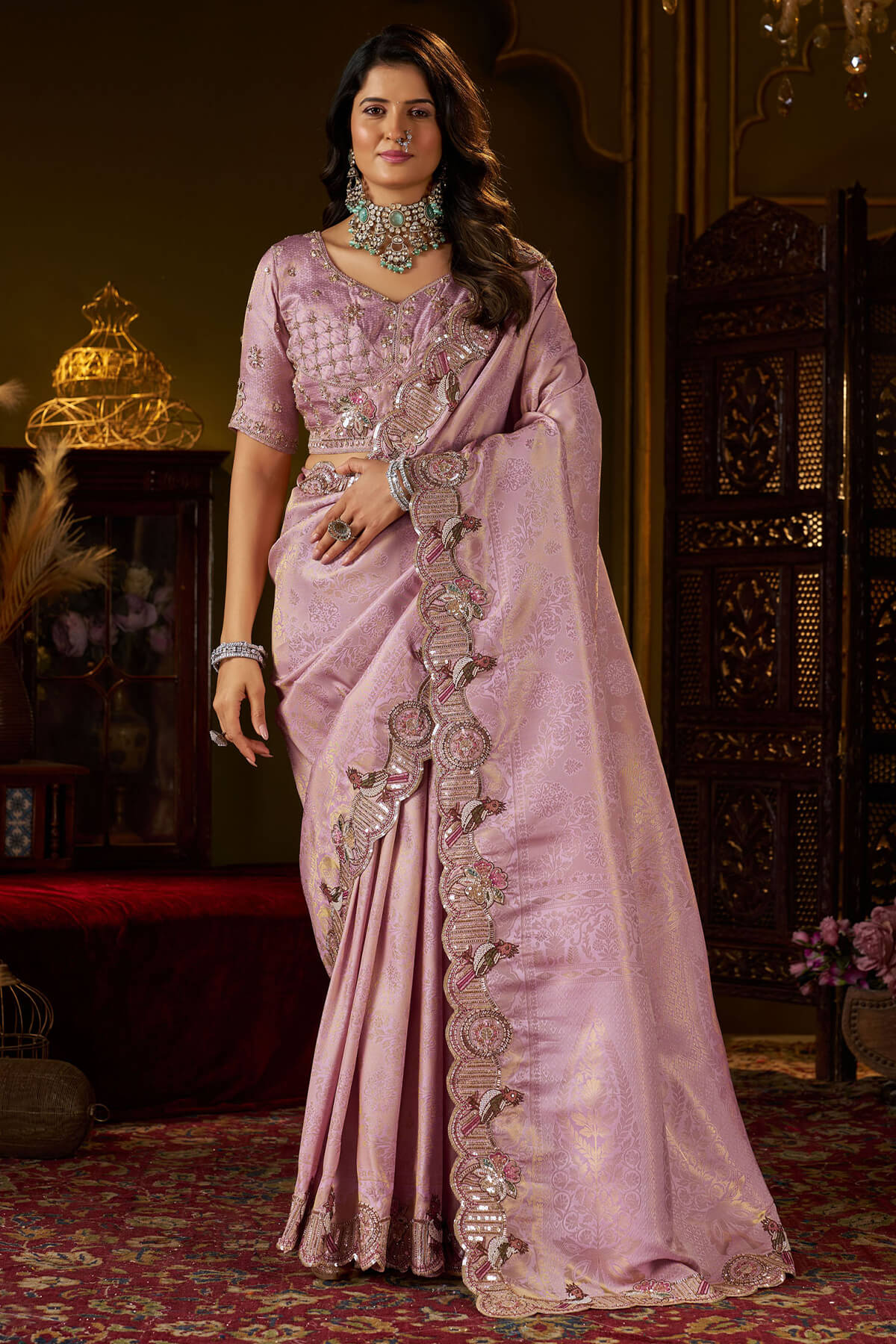 Resonant Lavender Handwork Kanjivaram Silk Saree With Precious Blouse Piece