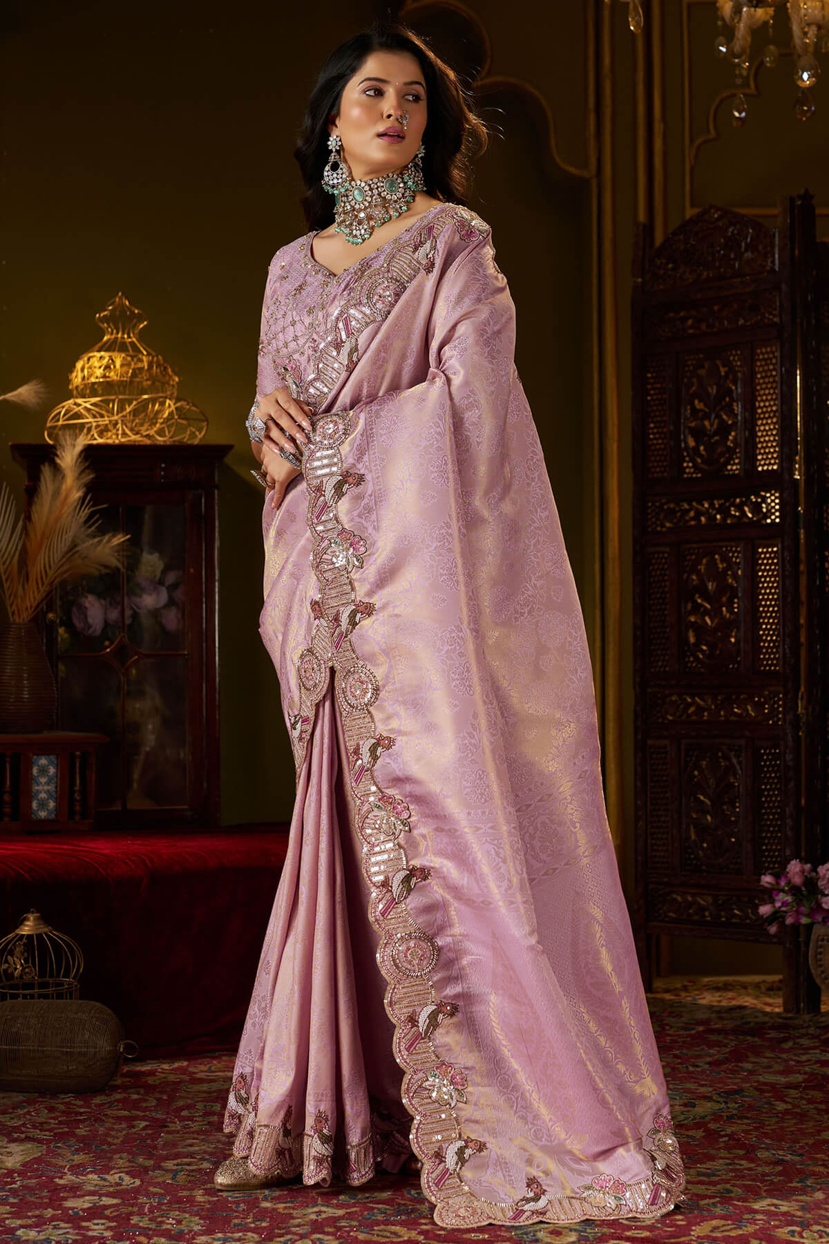 Resonant Lavender Handwork Kanjivaram Silk Saree With Precious Blouse Piece