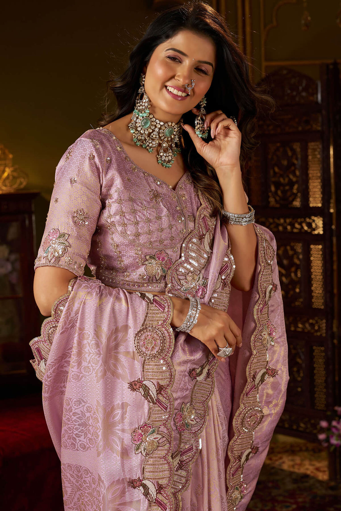 Resonant Lavender Handwork Kanjivaram Silk Saree With Precious Blouse Piece