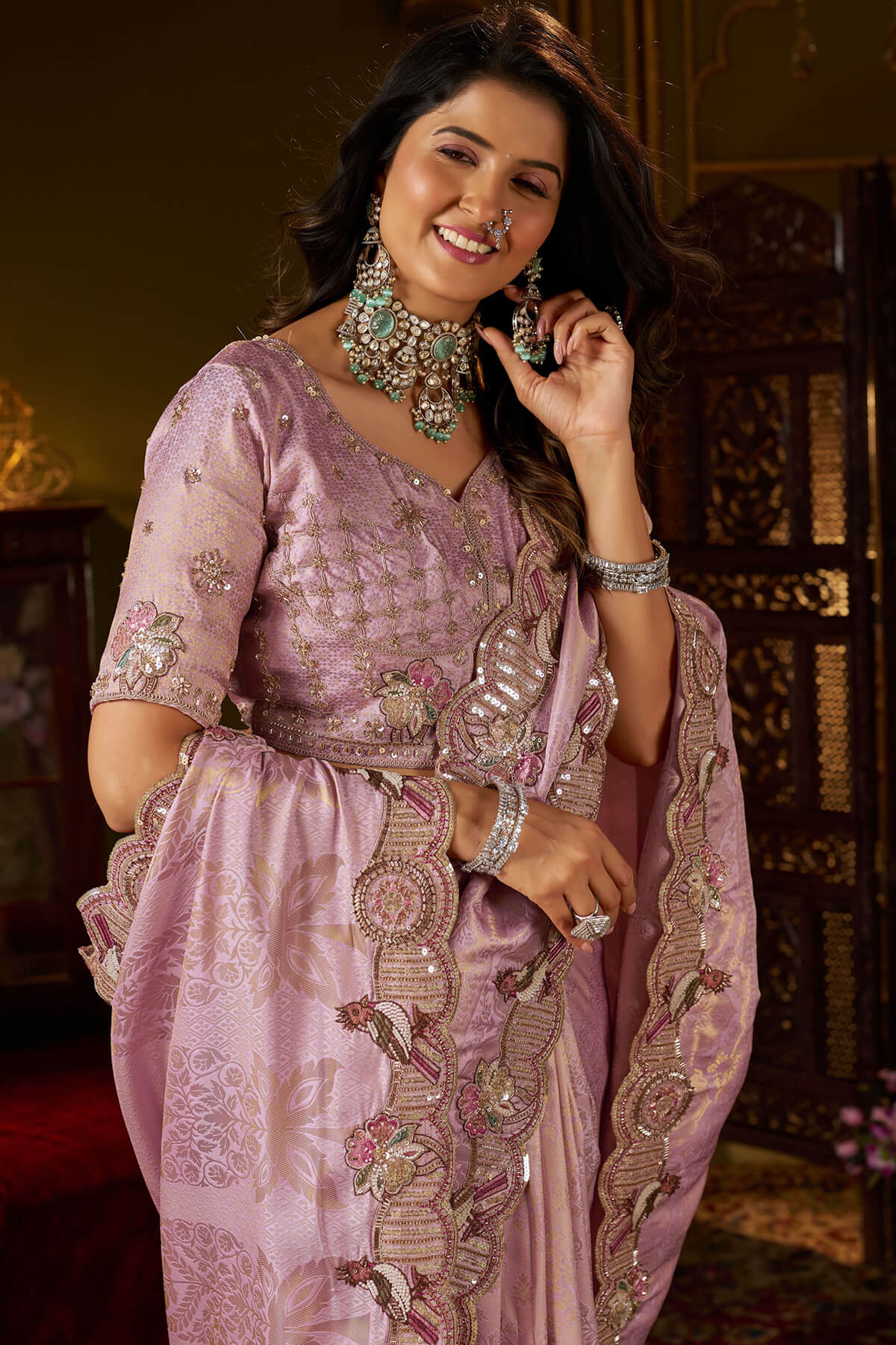 Resonant Lavender Handwork Kanjivaram Silk Saree With Precious Blouse Piece