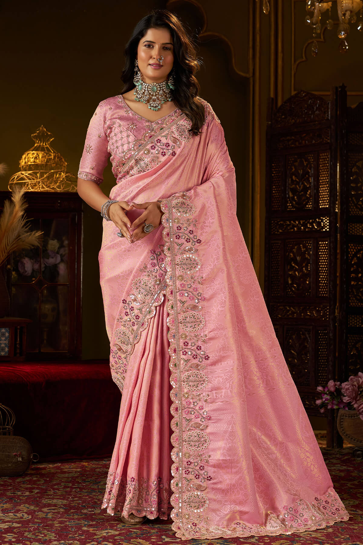 Radiant Pink Handwork Kanjivaram Silk Saree With Sizzling Blouse Piece