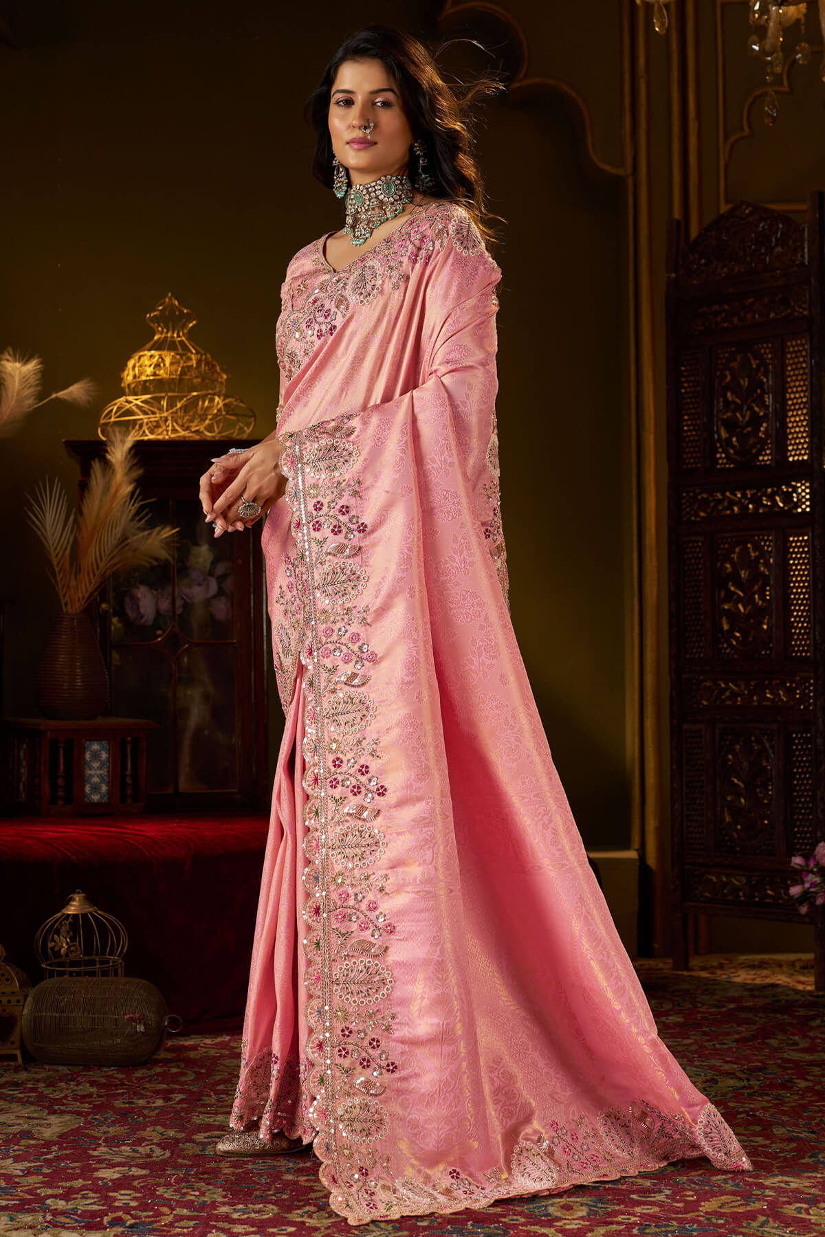 Radiant Pink Handwork Kanjivaram Silk Saree With Sizzling Blouse Piece