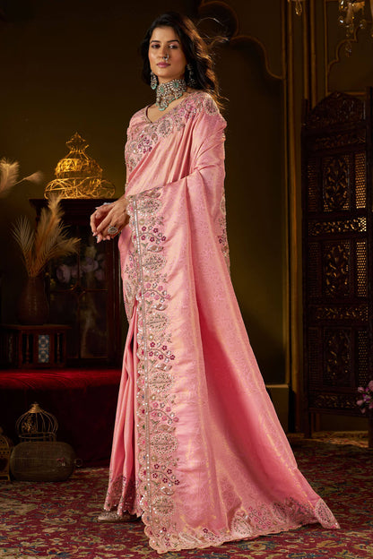 Radiant Pink Handwork Kanjivaram Silk Saree With Sizzling Blouse Piece
