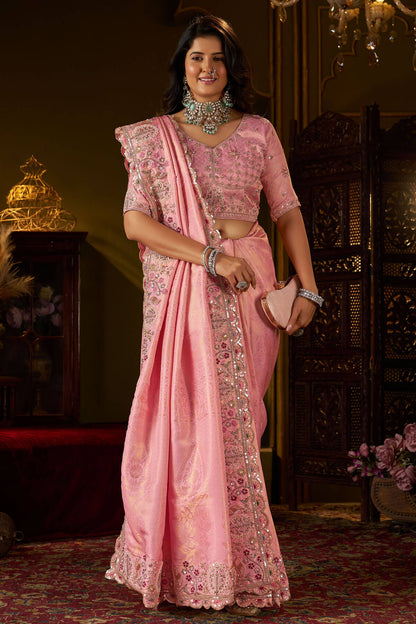 Radiant Pink Handwork Kanjivaram Silk Saree With Sizzling Blouse Piece