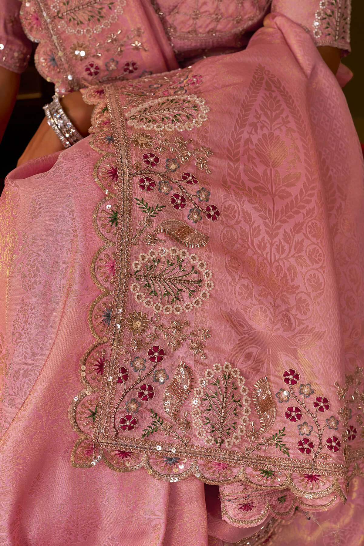 Radiant Pink Handwork Kanjivaram Silk Saree With Sizzling Blouse Piece