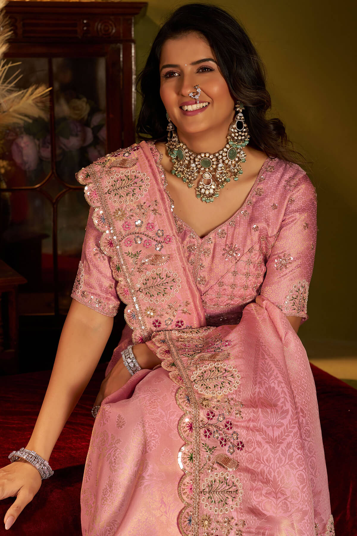 Radiant Pink Handwork Kanjivaram Silk Saree With Sizzling Blouse Piece