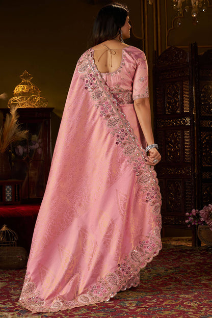 Radiant Pink Handwork Kanjivaram Silk Saree With Sizzling Blouse Piece