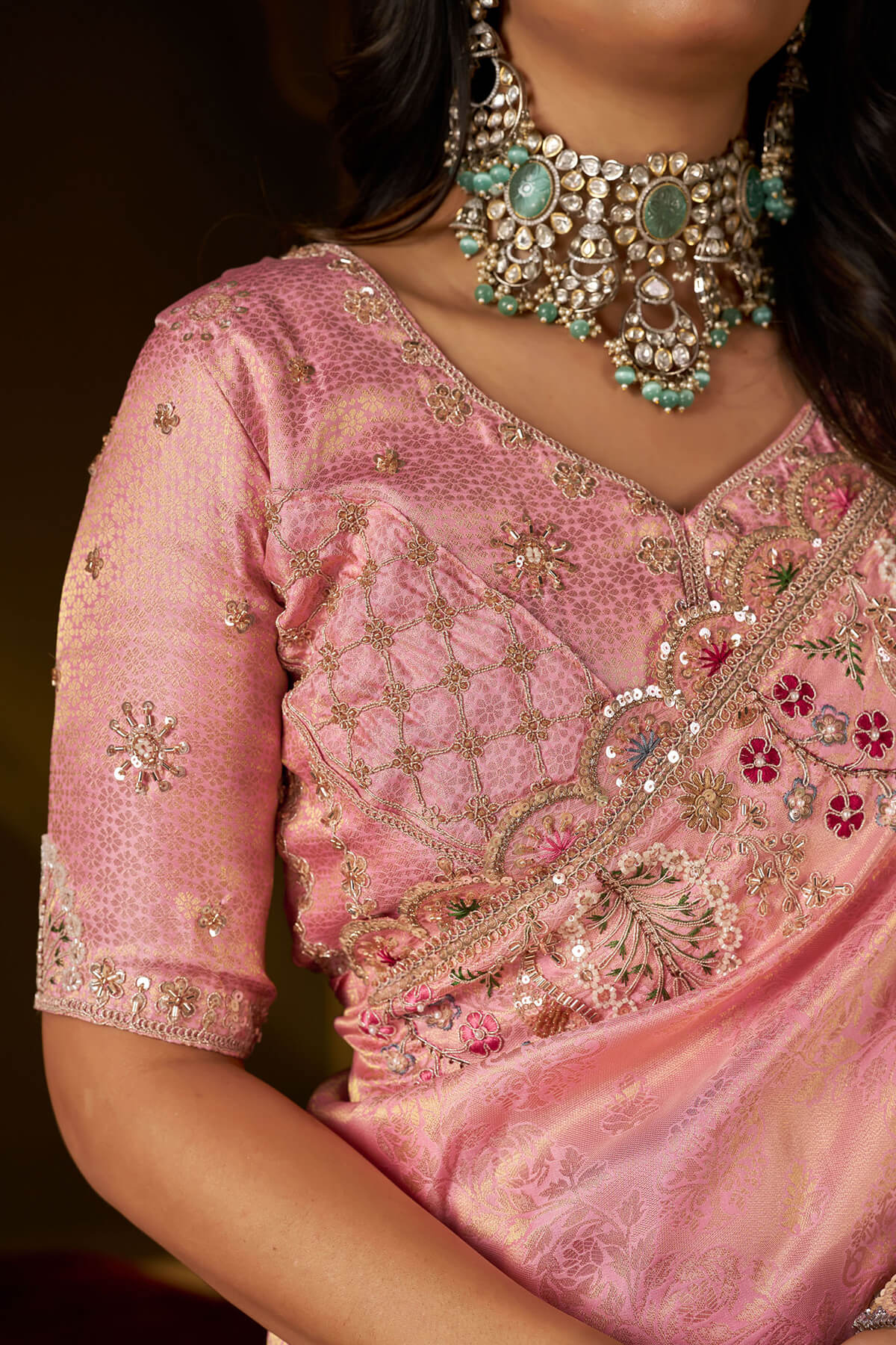Radiant Pink Handwork Kanjivaram Silk Saree With Sizzling Blouse Piece