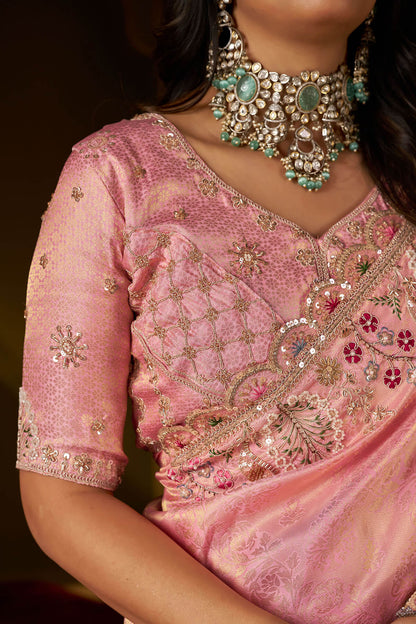 Radiant Pink Handwork Kanjivaram Silk Saree With Sizzling Blouse Piece