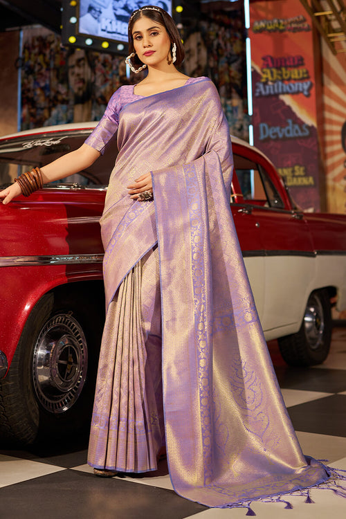 Load image into Gallery viewer, Mesmeric Lavender Kanjivaram Silk Saree With Breathtaking Blouse Piece
