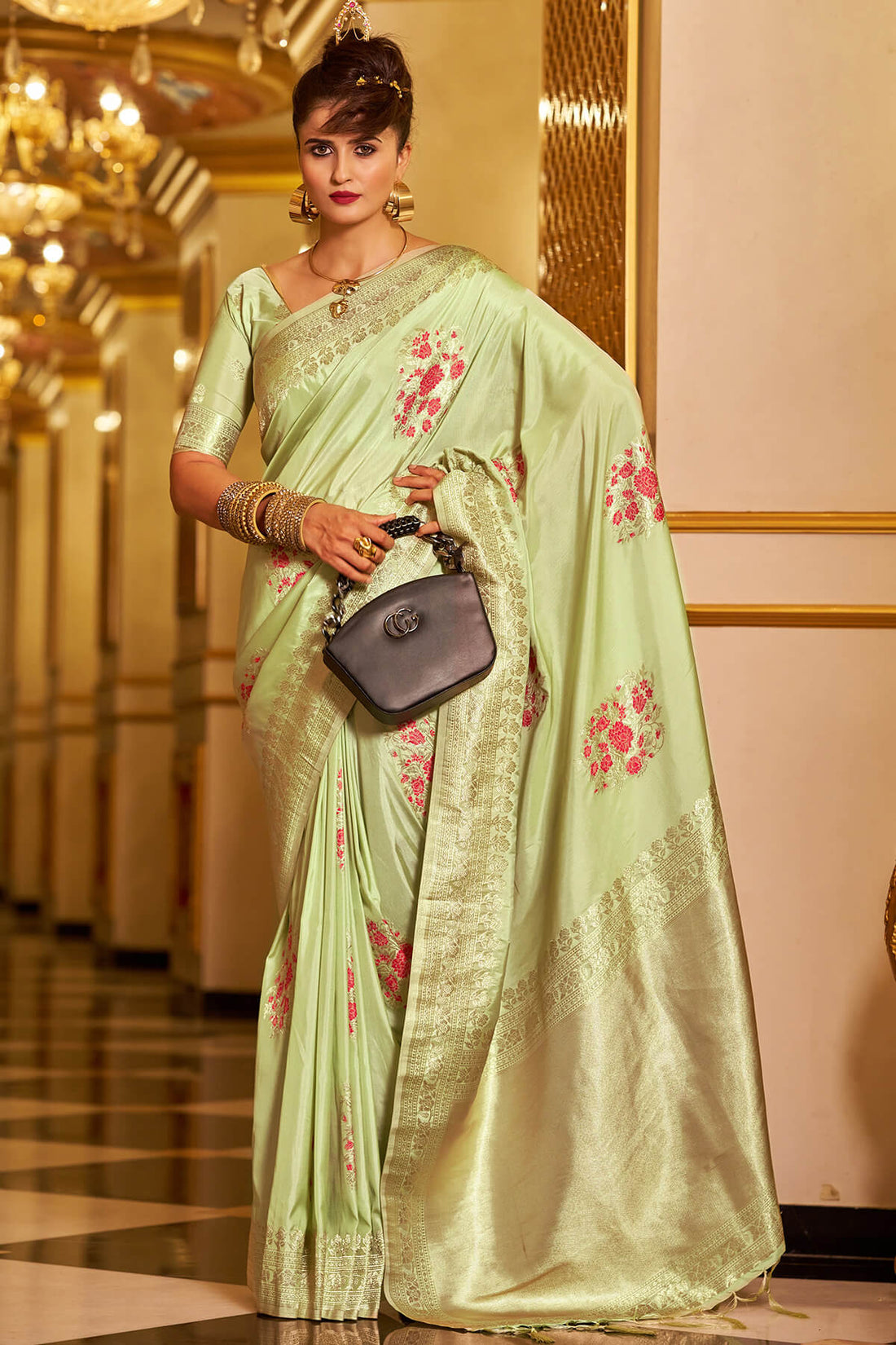 Whimsical Pista Pure Zari Weaving Banarasi Silk Saree With Snazzy Blouse Piece