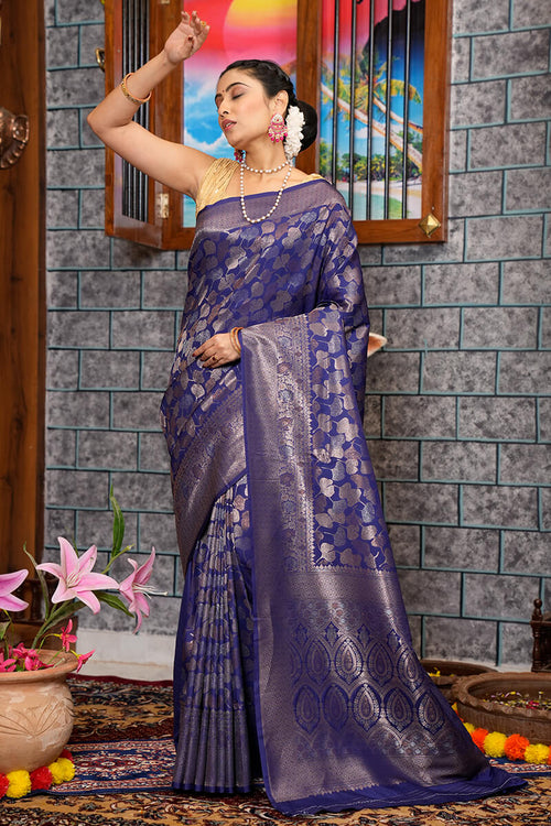 Load image into Gallery viewer, Seraglio Navy Blue Kanjivaram Silk Saree With Imaginative Blouse Piece
